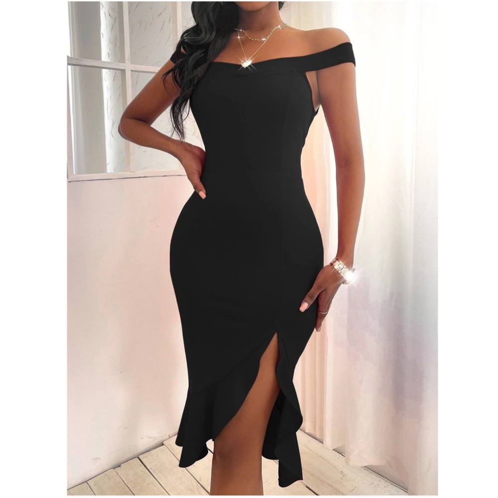 Off Shoulder Black Ruffle Detail Mermaid Dress - Picture 5 of 7